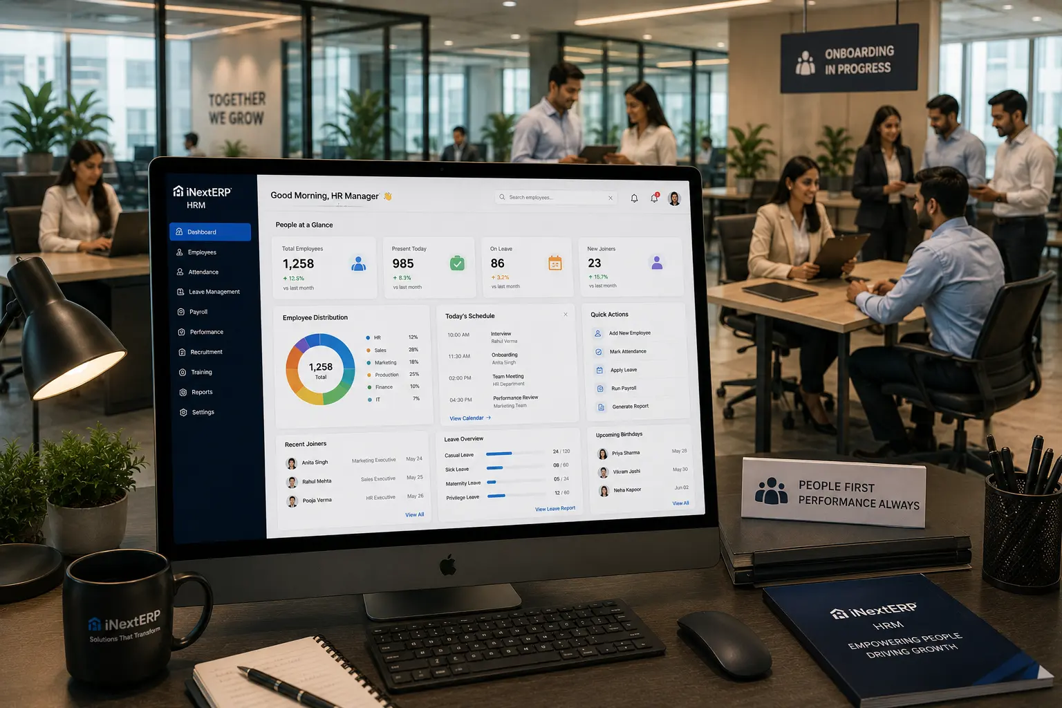 HR management software dashboard showing attendance and payroll